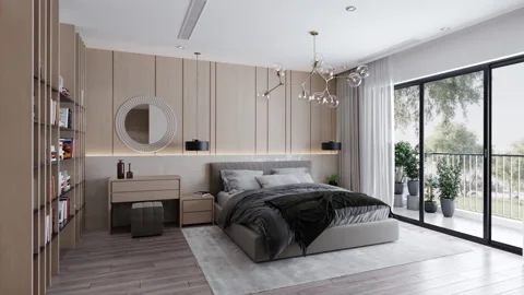 3D-Illustration. Сamera fly through the bedroom in a modern style Stock Footage 149350334