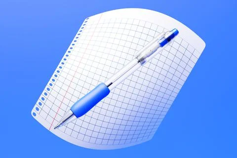 3d illustration, a school notebook in a cage and a blue pen . School statione Stock Illustration