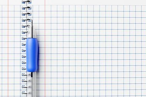 3d illustration, a school notebook in a cage and a blue pen . School statione Stock Illustration