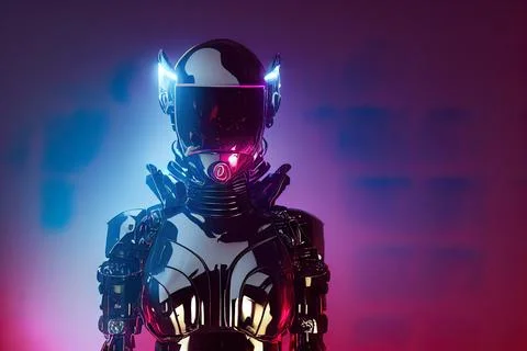 3d illustration of sci-fi cyborg female in shiny black metal armor suit with  イラスト素材