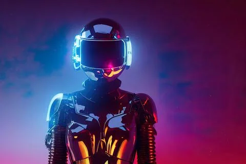 3d illustration of sci-fi cyborg female in shiny black metal armor suit with  イラスト素材