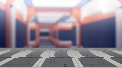 3d illustration of sci fi lab table with Blur sci-fi Background 3d render Illustration