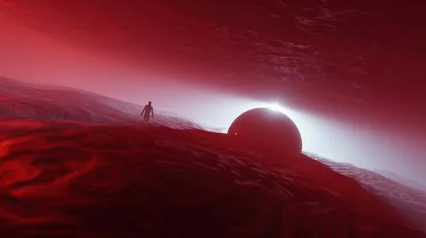 3d illustration - Sci-fi landscape digital  background. Magician walking on l Stock Illustration