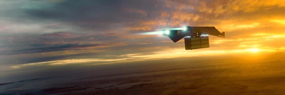 3D illustration of a science fiction transporter at sunset mood Stock Illustration