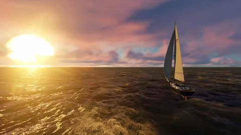 3D illustration Sea, vanilla clouds, waves, yacht. Sunset. 3D rendering Stock Illustration