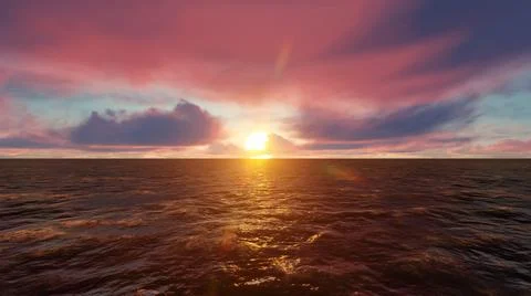 3D illustration Sea, vanilla clouds, waves. Sunset. 3D rendering Stock Illustration