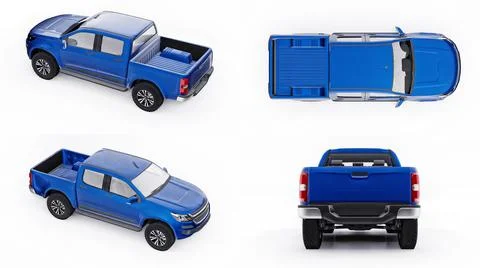 3d illustration. Set blue pickup car on a white background. 3d rendering. Illustrazione stock