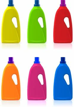 3D ILLUSTRATION. SET OF BOTTLES OF DETERGENT, CLEANERS OR DISINFECTANTS. VAR Illustrazione stock