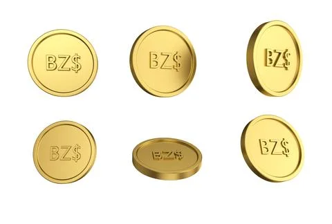 3d illustration Set of gold Belize dollar coin in different angels on white.. Stock Illustration