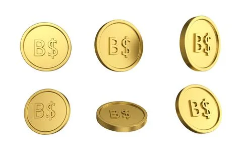 3d illustration Set of gold Brunei dollar coin in different angels on white.. Stock Illustration