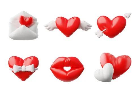 3d illustration of a set with the image of various red hearts, lips in an 스톡 일러스트