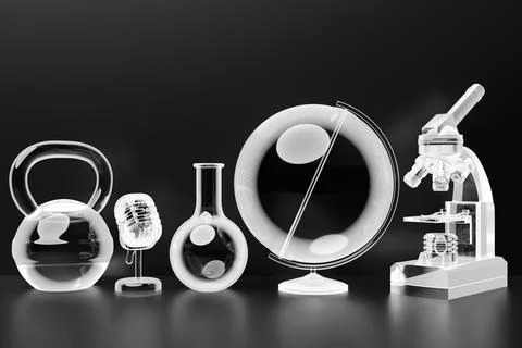 3d illustration of a set of laboratory instruments and a microscope. Chemical Stockillustratie