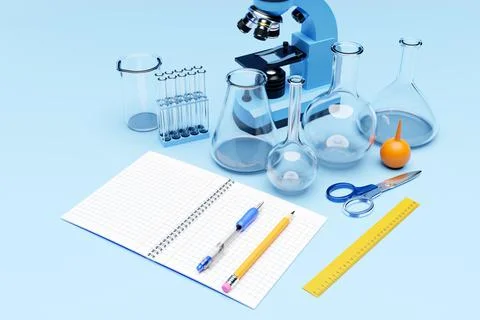 3d illustration of a set of laboratory instruments and a microscope. Chemical 스톡 일러스트