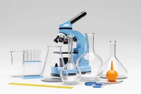 3d illustration of a set of laboratory instruments and a microscope. Chemical Stockillustratie