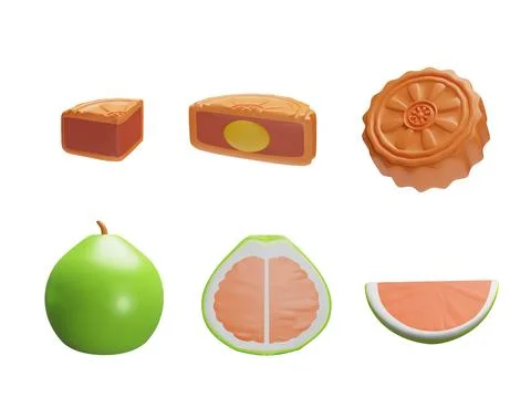 3d illustration with a set of pomelo and moon cake, cut into pieces and halves Stock Illustration