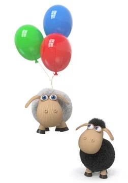 3d illustration sheep flies on the balloons Stock Illustration