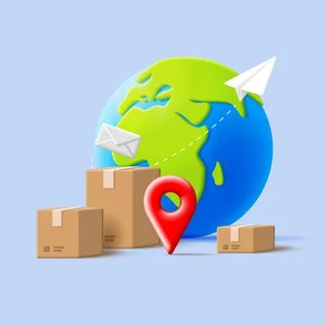 3d illustration of shipment delivery with globe icon and carton boxes and p.. Stock Illustration