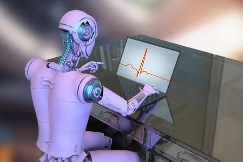 A 3D illustration showcasing a humanoid robot working with a laptop while s.. Stock Illustration