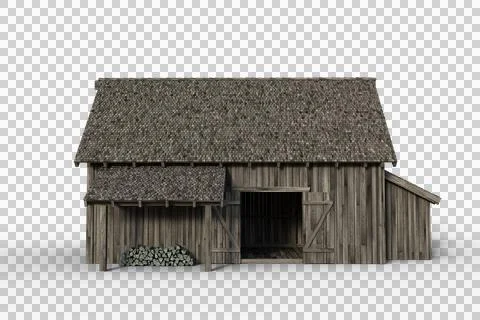 3D illustration of the side of an old grey wooden barn with open doors isolat Stock Illustration