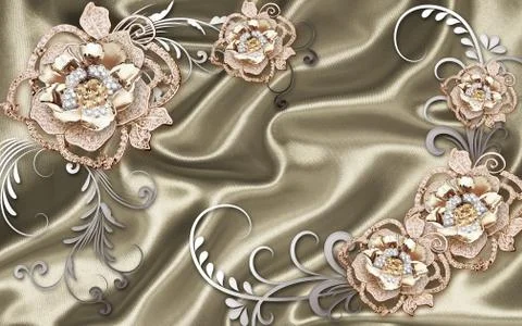 3d illustration, silk background, abstract gold ornamental flowers Stock Illustration