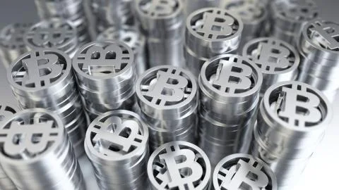 3D illustration Silver Bitcoin Stock Photos