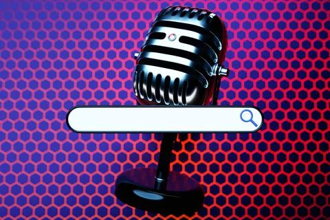 3D illustration of a silver microphone with an information search bar on a pi Stock-Illustration