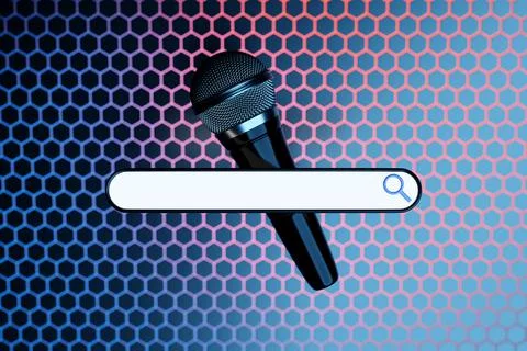 3D illustration of a silver microphone with an information search bar on a co Stock-Illustration