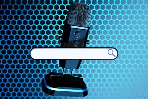 3D illustration of a silver microphone with an information search bar on a bl Stock-Illustration