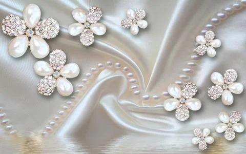 3d illustration, silver silk background, large pearl flowers with crystals Stock Illustration