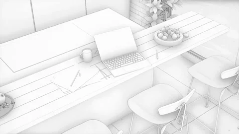 3d Illustration. A sketch, a workplace in the kitchen behind the bar Stock Footage 195199409