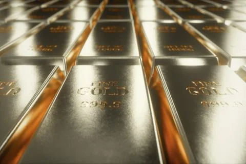 3d illustration of sliding camera view on white gold bars Ilustración de archivo