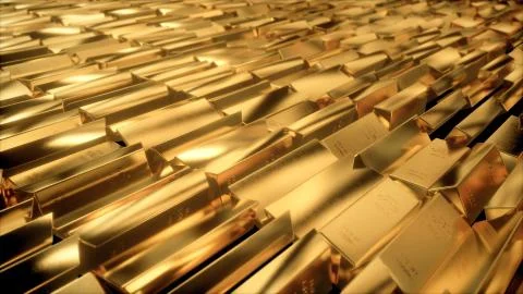 3d illustration of sliding camera view on gold bars Ilustración de archivo