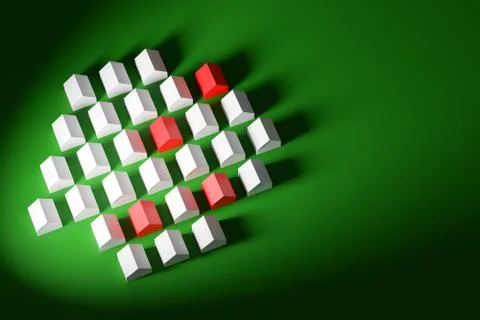 3d illustration small identical white and red one-story village houses stand  Ilustração Stock