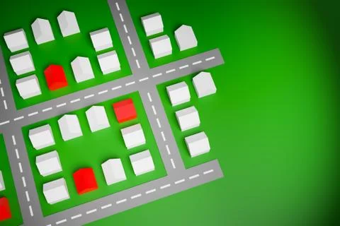 3d illustration small identical white and red one-story village houses stand  Illustrazione stock