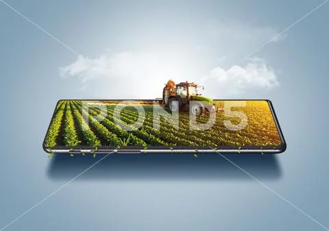 3d illustration of smart farming concept. Tractor on a smartphone. PSD Template