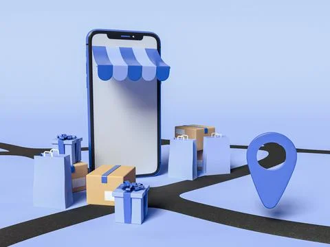 3D Illustration. Smartphone with a map pointer and boxes. Stock Illustration