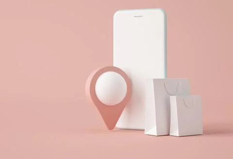3D Illustration. Smartphone with a map pointer and paper bag. Stock Photos