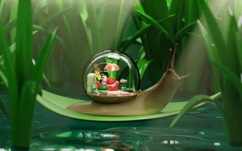 3d illustration of a snail with a transparent shell with the room inside Illustrazione stock