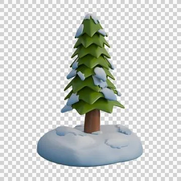 A 3D illustration of a snow-covered pine tree standing on a small island-li.. Stock Illustration