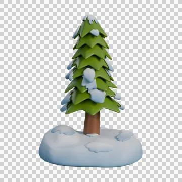A 3D illustration of a snow-covered pine tree standing on a small island-li.. Stock Illustration
