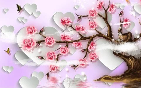 3D illustration, soft pink background, white paper hearts, blooming tree Stock Illustration