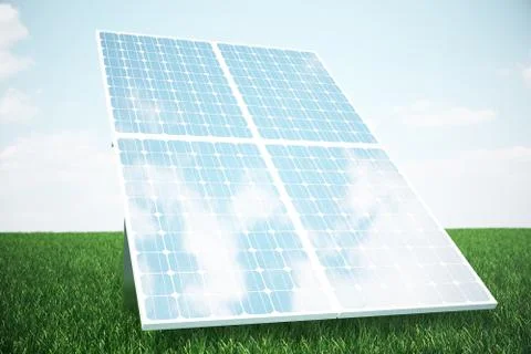 3D illustration solar panels on grass. Solar panel produces green Stock Illustration