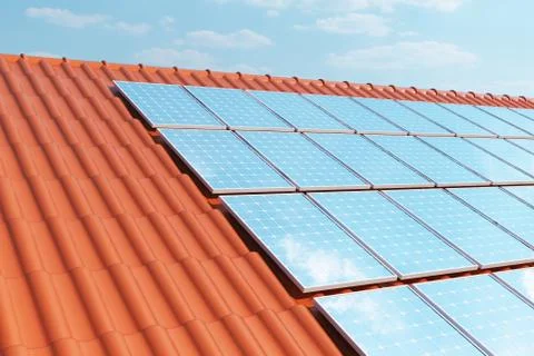 3D illustration solar panels on a red roof reflecting the cloudless blue sky Stock Illustration