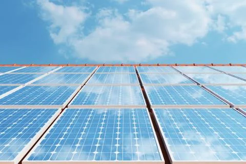 3D illustration solar panels on a red roof reflecting the cloudless blue sky Stock Illustration