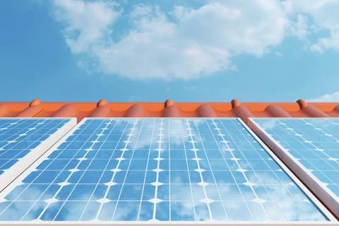 3D illustration solar panels on a red roof reflecting the cloudless blue sky Stock Illustration