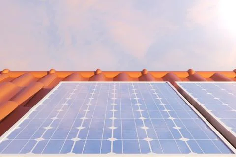 3D illustration solar panels on a red roff, power generation technology Stock Illustration
