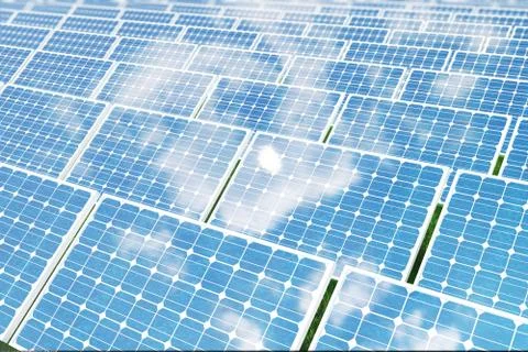 3D illustration solar panels reflecting the cloudless blue sky. Energy and Stock Illustration