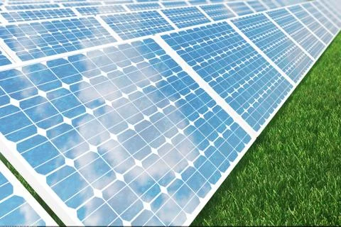 3D illustration solar panels with reflection the sunny sky. Background of Stock Illustration