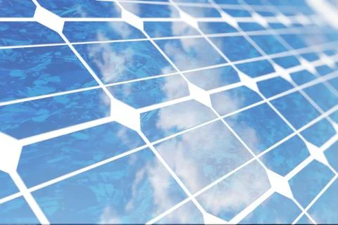 3D illustration solar panels with reflection the sunny sky. Background of Stock Illustration