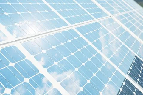 3D illustration solar panels with reflection the sunny sky. Background of Illustrazione stock